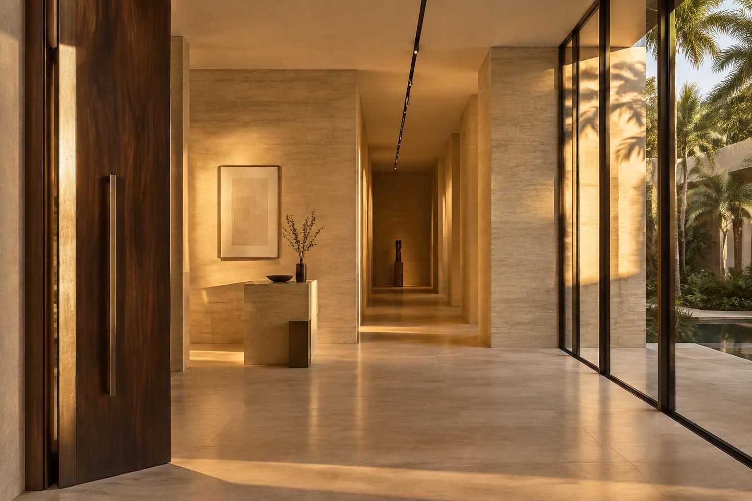 Original concept of a luminous stone entrance with walnut doors and discreet reception.