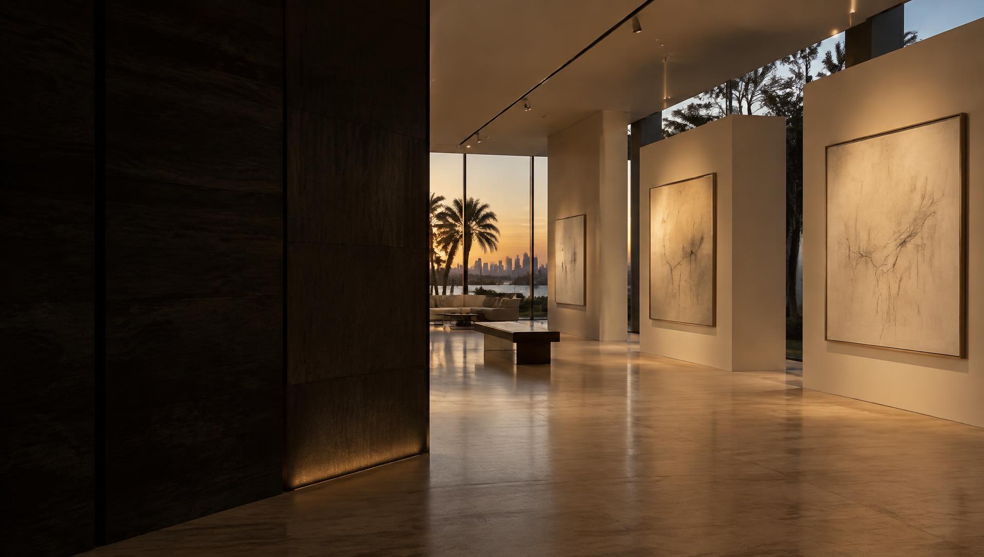 Conceptual exhibition rendering of an intimate gallery overlooking Miami at dusk.