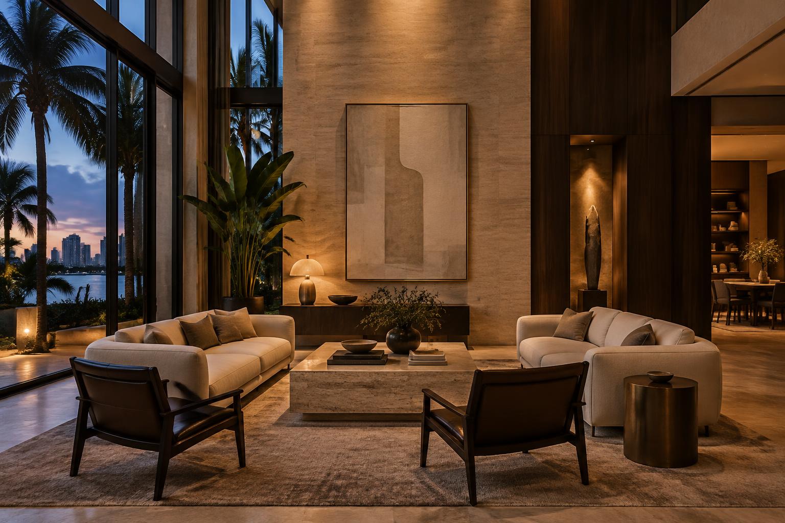 Original private salon concept with linen seating, dark timber and expansive windows at dusk.